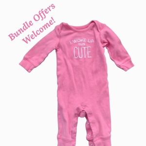 Hh) Carter’s Baby Girl Sleeper 6M Pink Long Sleeve One Piece Pajamas “Woke Up